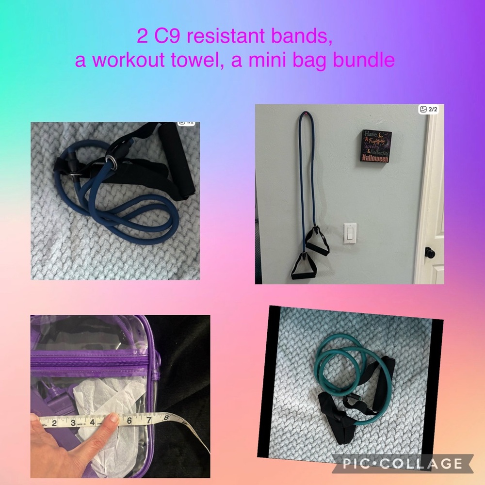 2 C9 Teal Resistance Pilates Band with Handles, workout towel and bag